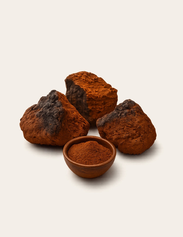 Getrocknete Chaga-Pilzstücke mit einer Schale feinpulvrigem Chaga-Pilzpulver auf hellem Hintergrund – natürliche Rohform des Schiefer Schillerporlings.