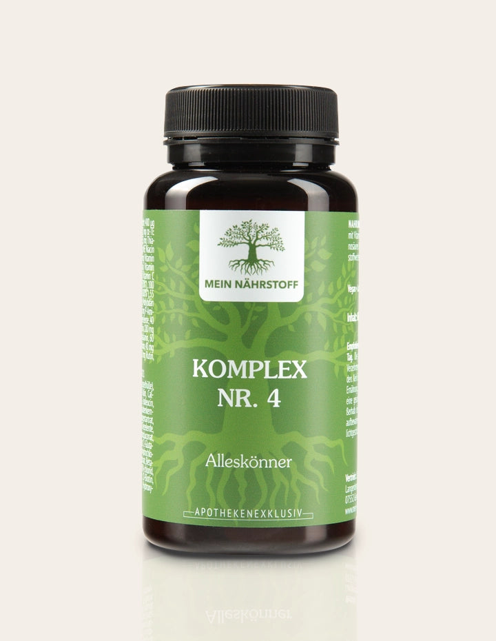 Braunes Nahrungsergänzungsmittel-Glas mit grünem Etikett, Aufschrift ‚MEIN NÄHRSTOFF – KOMPLEX NR. 4 – Alleskönner – Apothekenexklusiv‘, mit Baum-Logo und schwarzem Schraubdeckel.