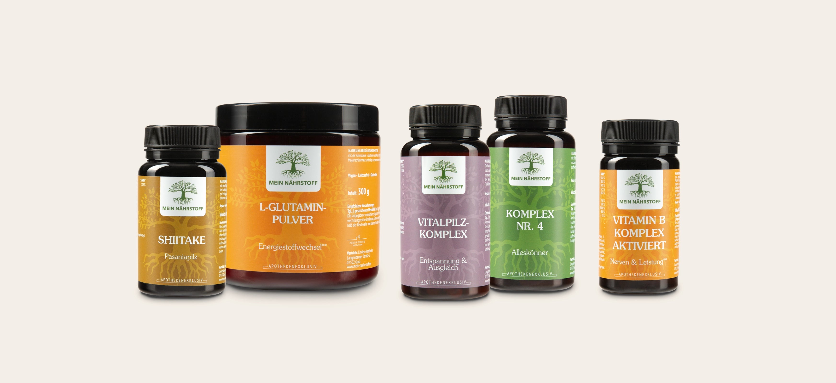 Nahrungsergänzungsmittel von Mein Nährstoff – Shiitake, L-Glutamin, Vitalpilz-Komplex, Komplex Nr. 4 und Vitamin B Komplex aktiviert